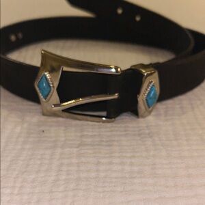 Women’s Black Leather Belt with Turquoise Embellishments Large Silver Tone